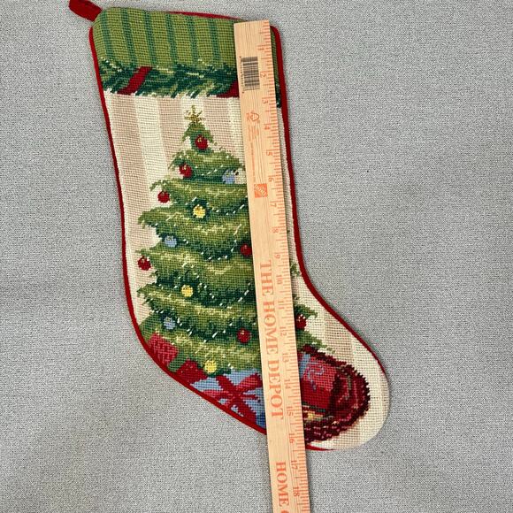 Lands’ End Needlepoint Christmas Stocking Wool Holiday Tree Red Velvet 18” - Picture 8 of 13
